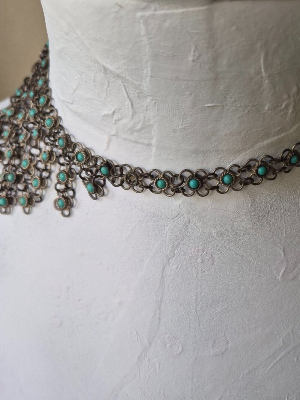 Vintage Brass Chainmail Turquoise silver tone Bib Choker Tribal Boho Necklace - Picture 6 of 9